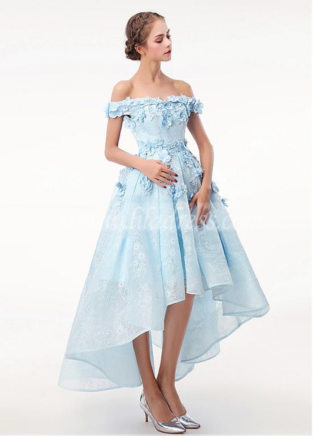 Romantic Lace Off-the-shoulder Neckline Hi-lo A-line Homecoming Dress With Beadings & 3D Flowers