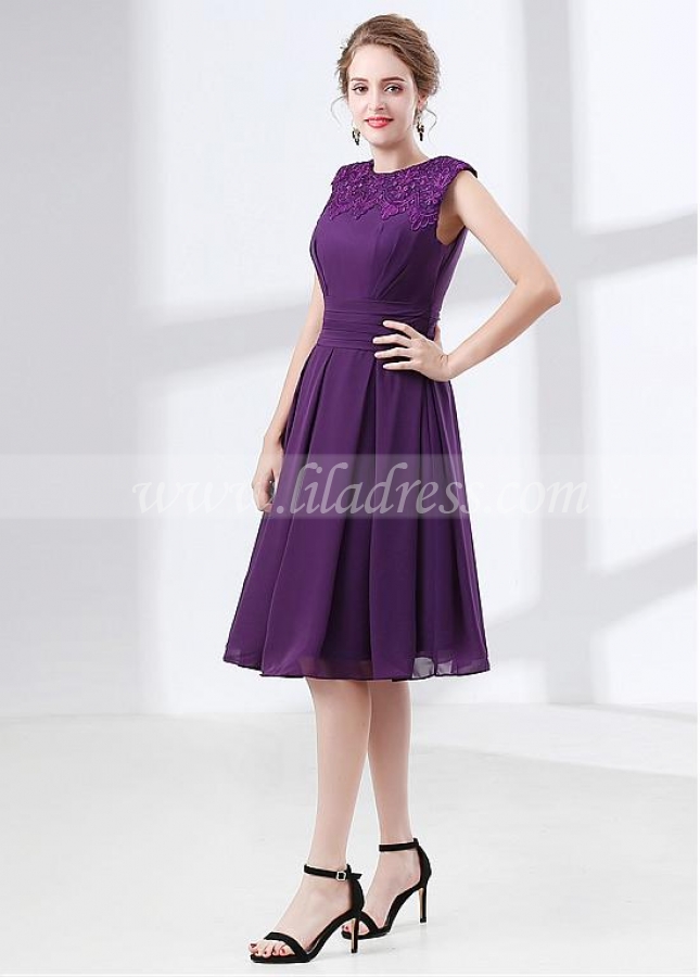 Purple Chiffon Jewel Neckline Knee-length A-line Homecoming / Bridesmaid Dress With Lace Appliques