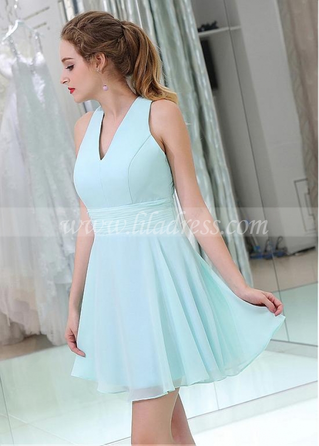 Light Blue Sweet Chiffon V-neck Neckline Short Length A-line Homecoming / Bridesmaid Dresses