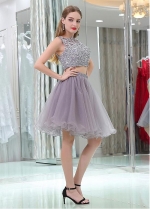 Tulle Bateau Neckline Knee-length A-line Two-piece Homecoming Dresses With Beaded Lace Appliques