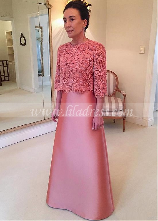 Modest Satin & Lace Jewel Neckline A-line Mother Of The Bride Dress With Detachable Coat