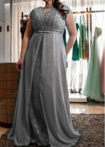 Gorgeous Lace & Chiffon V-neck Neckline A-line Mother Of The Bride Dresses With Beadings & Belt