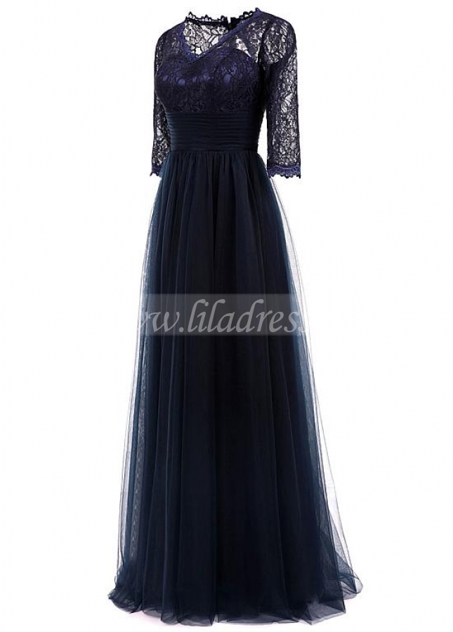 Glamorous Tulle & Lace V-neck Neckline 3/4 Length Sleeves A-line Mother Of The Bride Dress