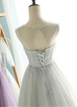 Simple Tulle Scoop Neckline Natural Waistline Knee-length A-line Bridesmaid Dress With Beadings