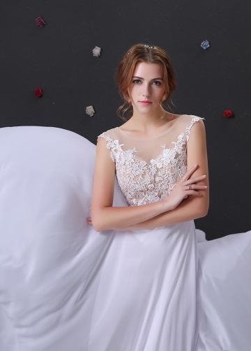 Romantic white Chiffon Bateau Neckline A-Line Prom Dresses