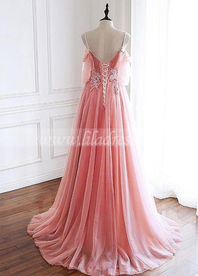 Classic Tulle Spaghetti Straps Neckline Floor-length A-line Prom Dresses With Lace Appliques & Beaded 3D Flowers & Beadings
