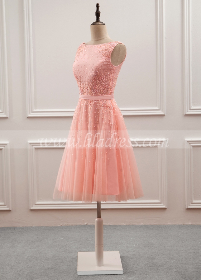 Graceful Tulle & Satin Bateau Neckline A-Line Knee-length Homecoming Dress With Sequins & Beadings
