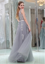 Gorgeous Tulle V-neck Neckline Floor-length A-line Prom Dresses With Lace Appliques & Belt