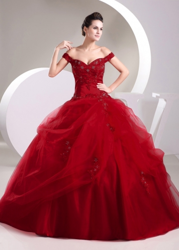 Exquisite Satin Off-the-shoulder Neckline Ball Gown Quinceanera Dresses With Lace Appliques