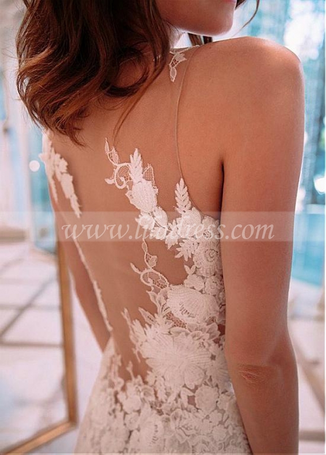 Charming Tulle & Lace Jewel Neckline See-through A-line Wedding Dress With Lace Appliques