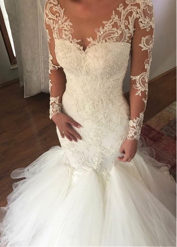 Attractive Tulle & Organza Sheer Scoop Neckline Mermaid Wedding Dress With Lace Appliques & Beadings
