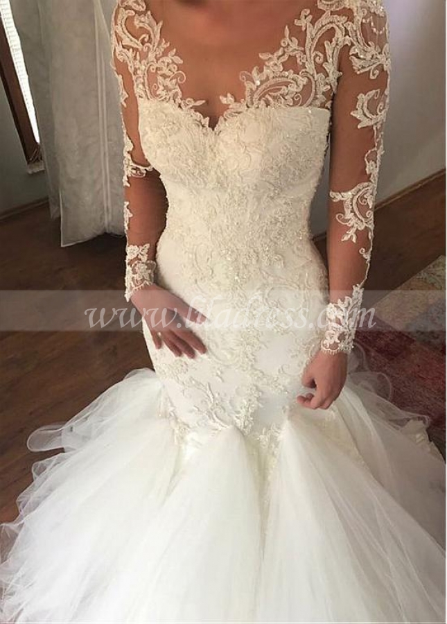 Attractive Tulle & Organza Sheer Scoop Neckline Mermaid Wedding Dress With Lace Appliques & Beadings