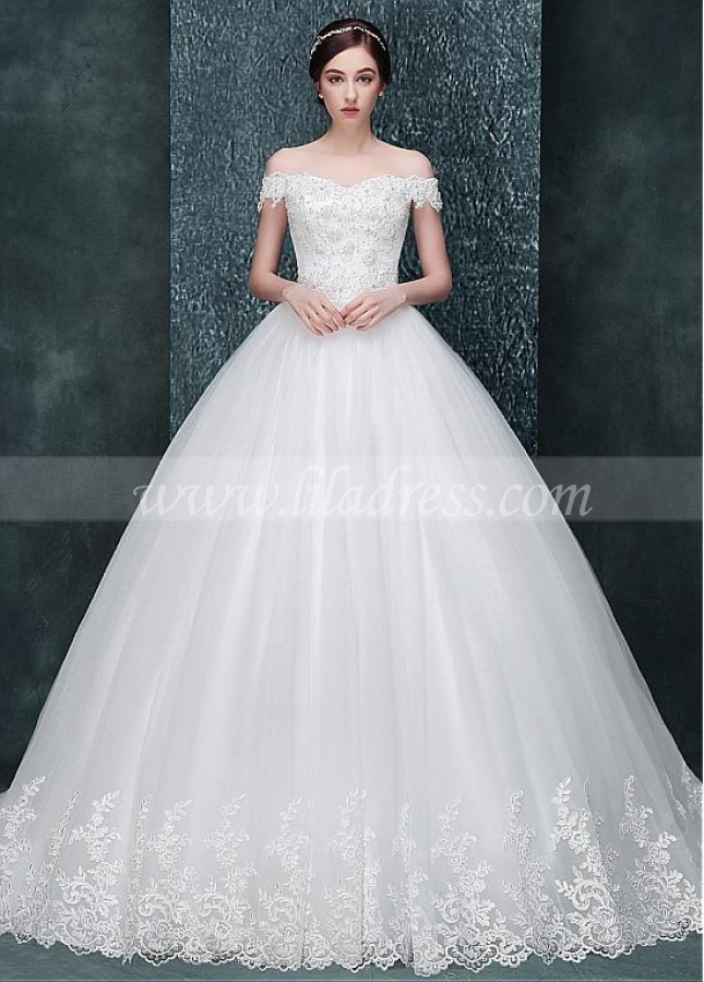 Glamorous Tulle Off-the-shoulder Neckline Ball Gown Wedding Dress With Beaded Lace Appliques