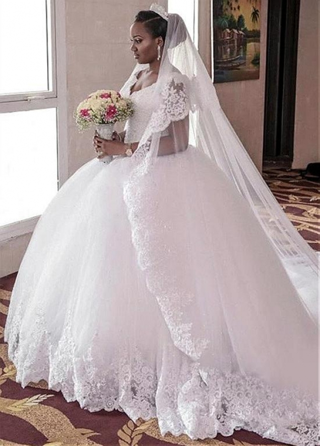 Amazing Tulle V-neck Neckline Ball Gown Wedding Dress With Lace Appliques & Beadings