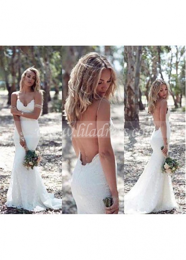 Charming Lace Spaghetti Straps Neckline Backless Mermaid Wedding Dress