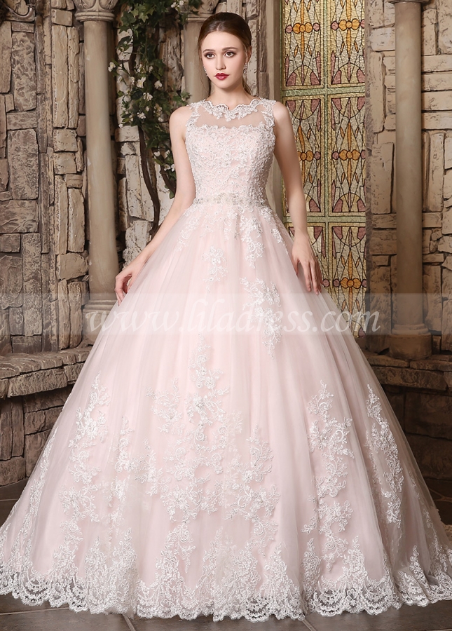 Romantic Tulle Jewel Neckline Ball Gown Wedding Dress With Beaded Lace Appliques