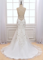 Sparkling Tulle V-neck Neckline Mermaid Wedding Dress With Beaded Embroidery