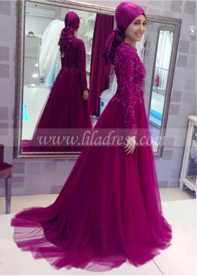 Delicate Tulle High Collar Neckline A-line Arabic Islamic Wedding Dresses With Beaded Lace Appliques