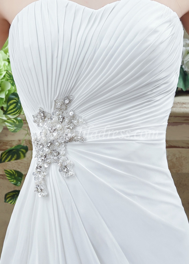 Flowing Beach Strapless A-Line Wedding Dresses With Rhinestones