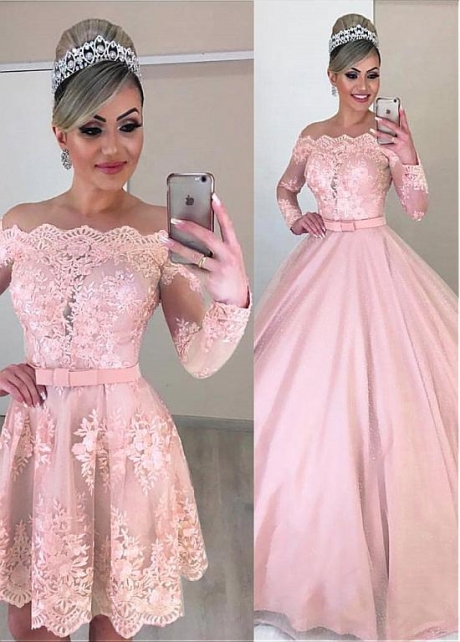 Unique Tulle Off-the-shoulder Neckline 2 In 1 Wedding Dresses With Lace Appliques & Bowknot & Detachable Skirt