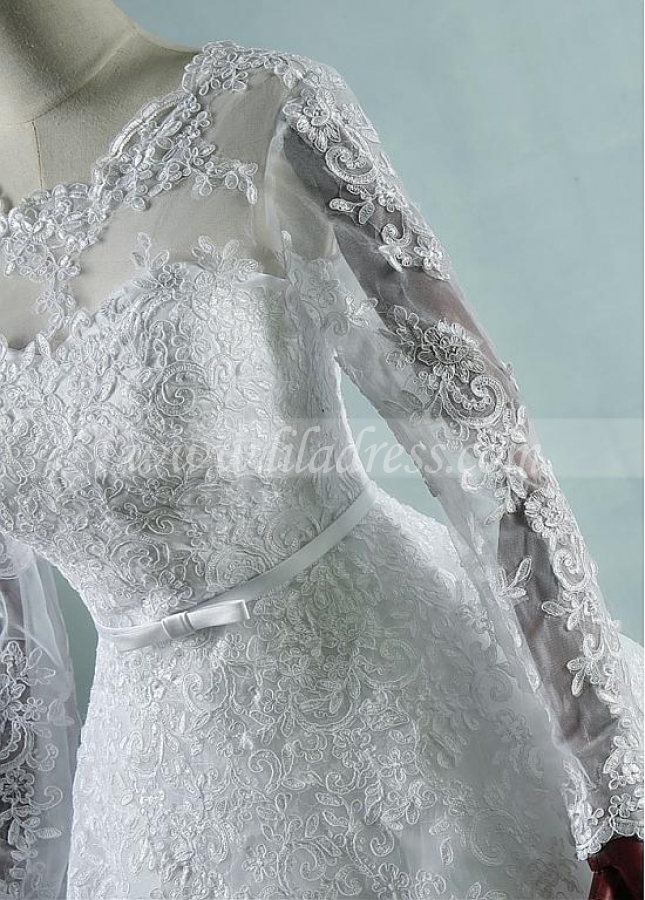 Eye-catching Tulle Jewel Neckline A-line Wedding Dresses With Lace Appliques & Belt & Bowknot