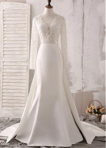 Chic Tulle & Satin V-neck See-through Bodice Mermaid Wedding Dresses With Beaded Embroidery