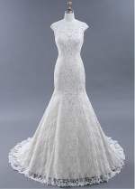 Delicate Lace Scoop Neckline Mermaid Wedding Dresses With Beadings & Lace Appliques
