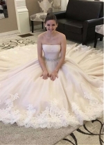 Romantic Tulle Strapless Neckline A-line Wedding Dress With Lace Appliques & Beadings