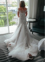 Modest Tulle Off-the-shoulder Neckline Natural Waistline Mermaid Wedding Dress With Lace Appliques & Belt
