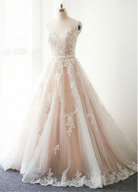 Gorgeous Tulle Sheer Jewel Neckline A-Line Wedding Dress With Beaded Lace Appliques & Belt