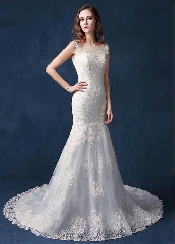 Glamorous Tulle Jewel Neckline Natural Waistline Mermaid Wedding Dress With Lace Appliques & Beadings