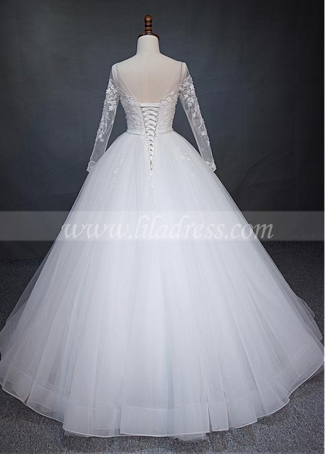 Glamorous Tulle Scoop Neckline Ball Gown Wedding Dress With Beaded Lace Appliques & Handmade Flowers & Belt