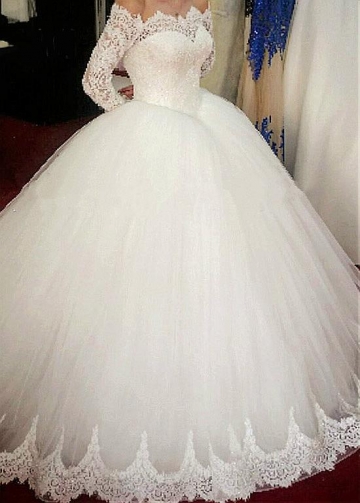 Elegant Tulle Off-the-shoulder Neckline Basque Waistline Ball Gown Wedding Dress With Beaded Lace Appliques