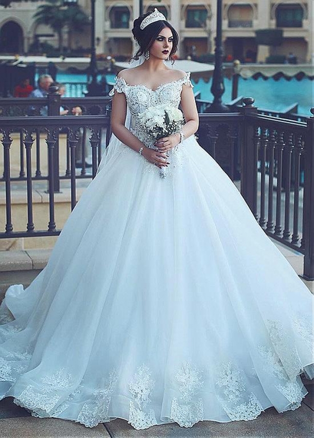 Modest Tulle & Organza Off-the-shoulder Neckline Ball Gown Wedding Dresses With Beaded Lace Appliques