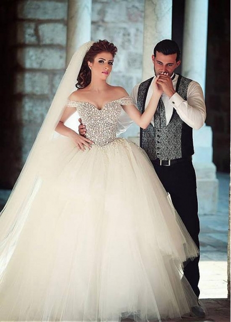 Brilliant Tulle Off-the-Shoulder Neckline Ball Gown Wedding Dresses with Beadings & Rhinestones