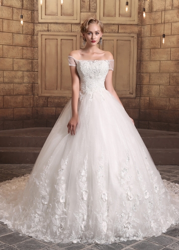 Gorgeous Tulle Off-the-shoulder Neckline Ball Gown Wedding Dresses