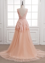 Stunning Tulle & Lace V-neck Neckline A-Line Evening Dresses With Beaded Lace Appliques & Belt