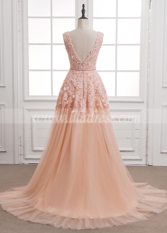 Stunning Tulle & Lace V-neck Neckline A-Line Evening Dresses With Beaded Lace Appliques & Belt