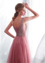 Delicate Tulle V-neck Neckline A-line Evening Dress With Beadings