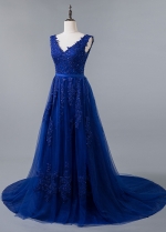 Romantic Royal Blue V-neck Neckline A-line Prom Dress