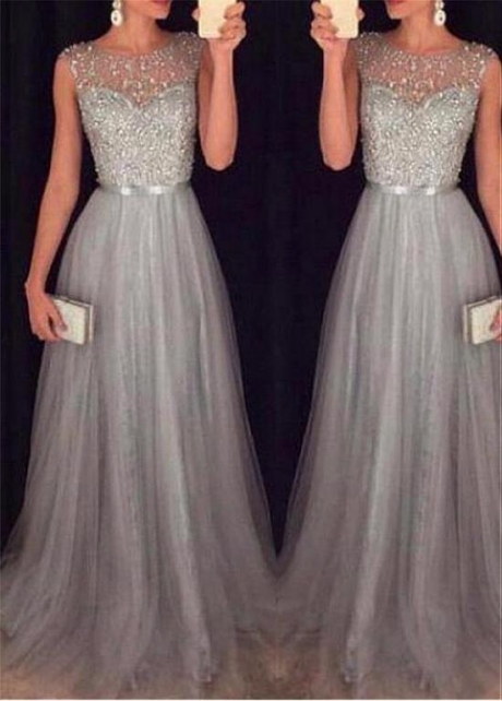 Glamorous Tulle Jewel Neckline A-line Evening Dresses with Beadings