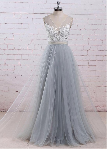 Amazing Tulle V-neck Neckline See-through Bodice A-line Bridesmaid Dress With Lace Appliques & Belt