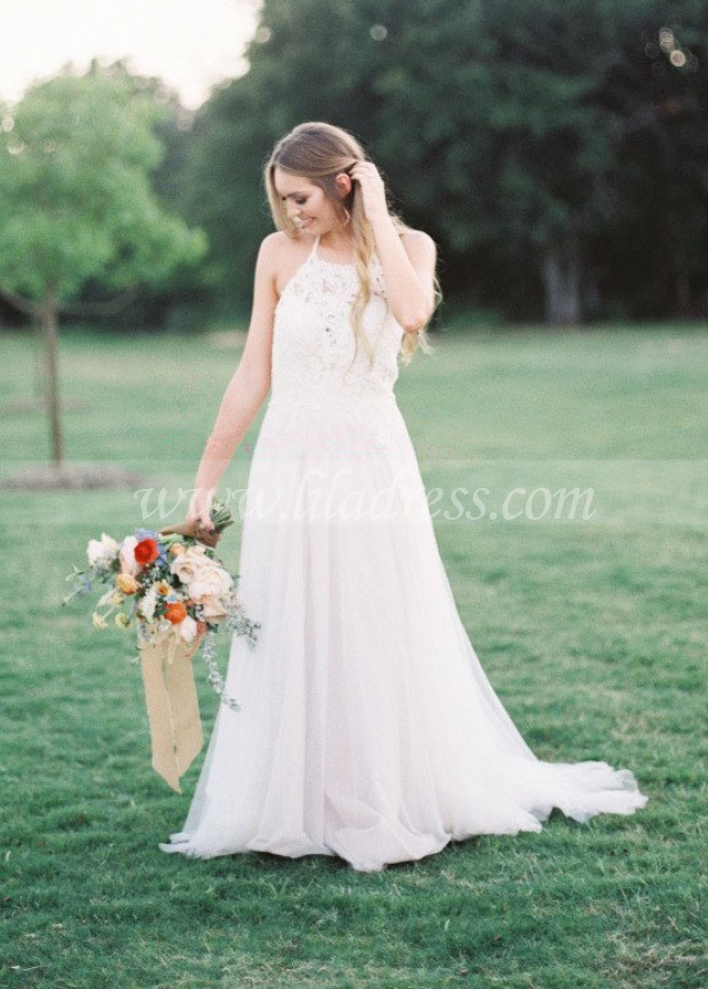 A-line Halter Lace Boho Wedding Dresses with Tulle Skirt