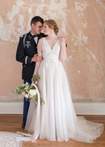 V-neckline Appliques A-line Organza Wedding Gown