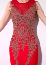 Eye-catching Jersey Jewel Neckline Mermaid Evening Dresses With Lace Appliques