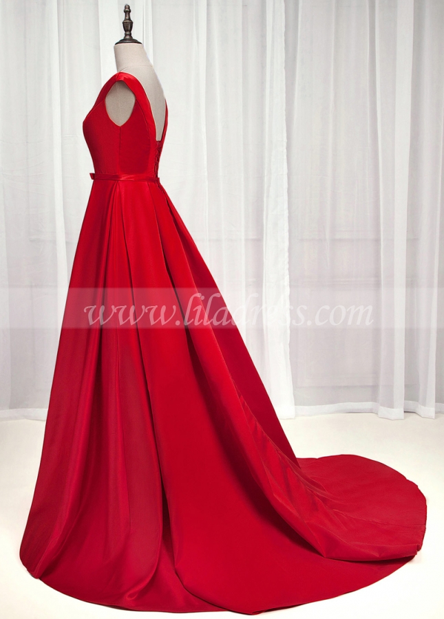 Exquisite Satin Off-the-shoulder Neckline A-Line Prom Dress With Bowknot