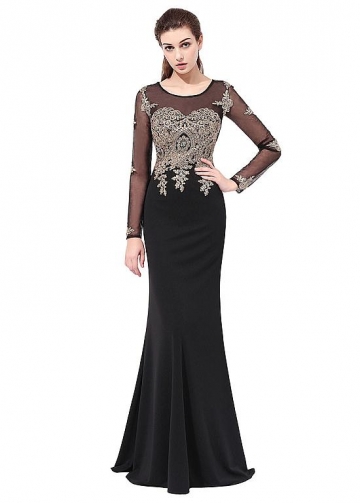 Black Scoop Neckline Sheath Evening Dresses With Lace Appliques