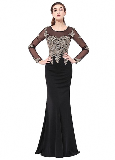 Black Scoop Neckline Sheath Evening Dresses With Lace Appliques