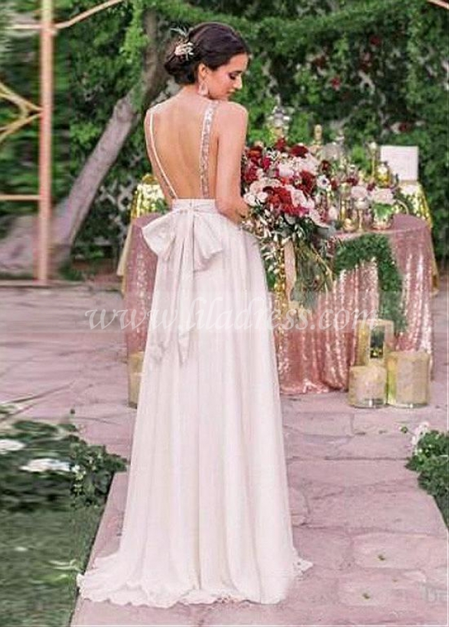 Beautiful Sequin & Chiffon V-neck Neckline Floor-length A-line Bridesmaid Dresses
