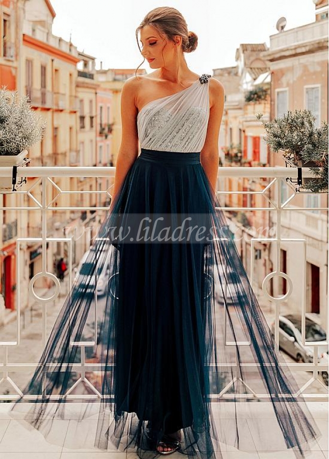 Excellent Tulle & Sequin Lace One Shoulder Neckline A-line Evening/Prom Dresses